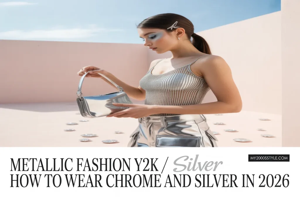 Metallic fashion Y2K Pinterest pin with chainmail dress, chrome cargos, and editorial title overlay