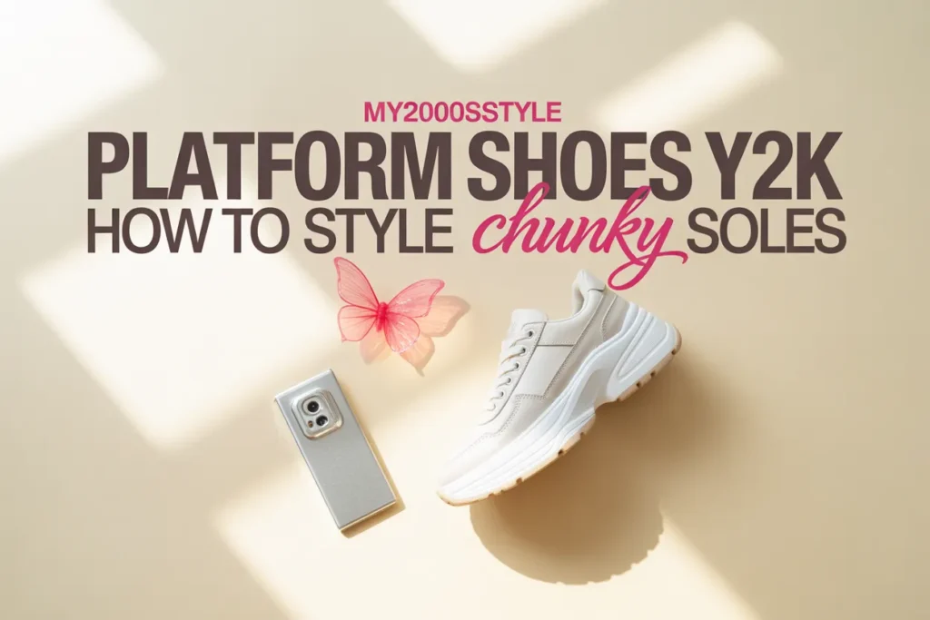 Y2K platform shoes featured pin with chunky white sneaker, butterfly clip, and flip phone on ivory background