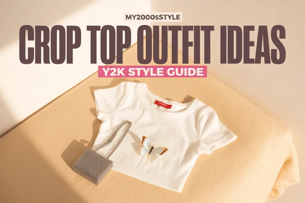 Y2K crop top outfit ideas flat lay with white baby tee, silver chain bag, and butterfly clip on cream background.