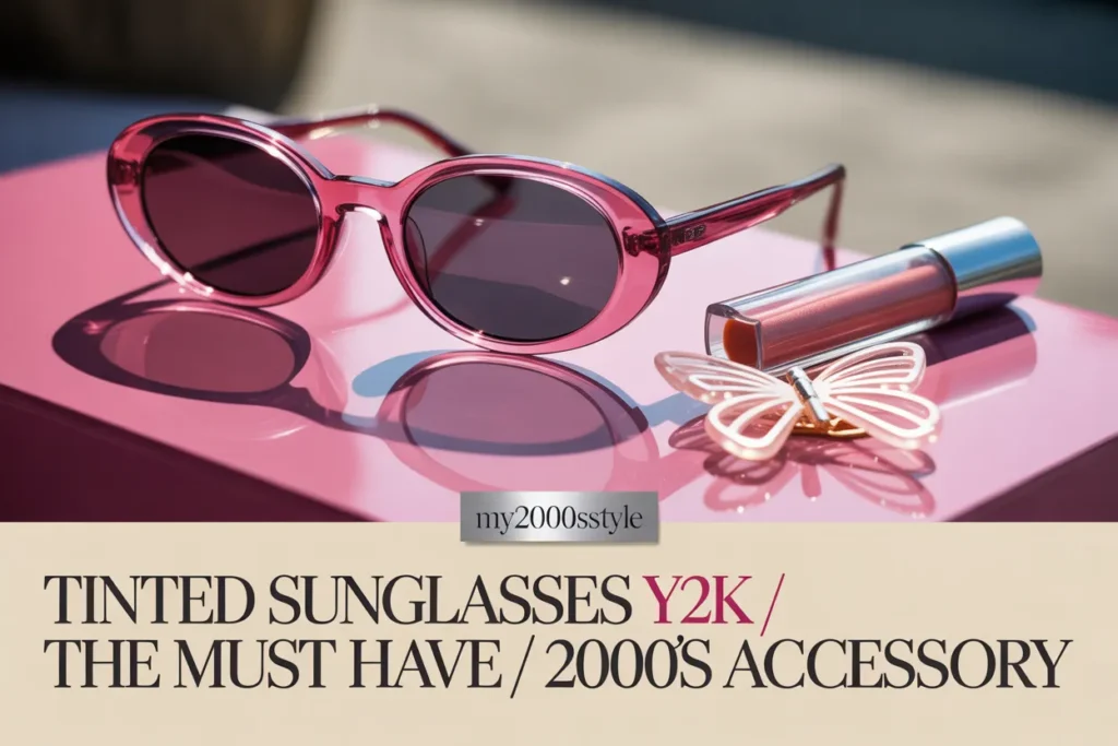 Tinted sunglasses Y2K guide featured image with rose pink ovals butterfly clip and lip gloss