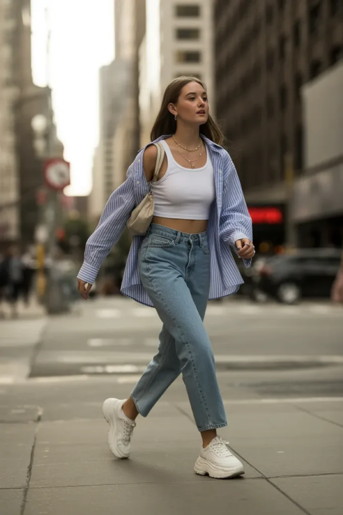 white platform sneakers Y2K casual outfit with straight leg jeans and oversized button down