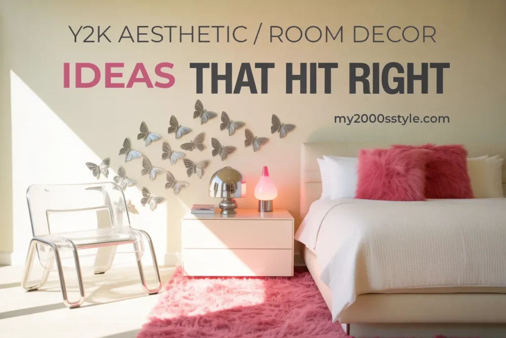 Y2K aesthetic room decor pin with inflatable chair, butterfly wall, chrome lamp, and pink shag rug.