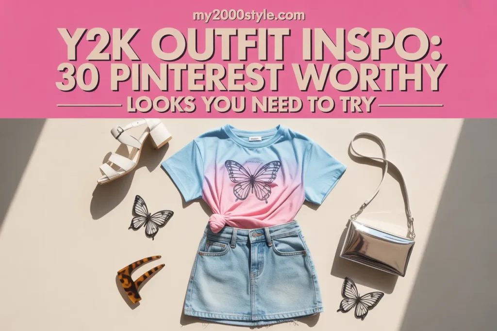 Y2K outfit inspo flat lay with baby tee, denim mini skirt, platforms, and butterfly clips on pink background.