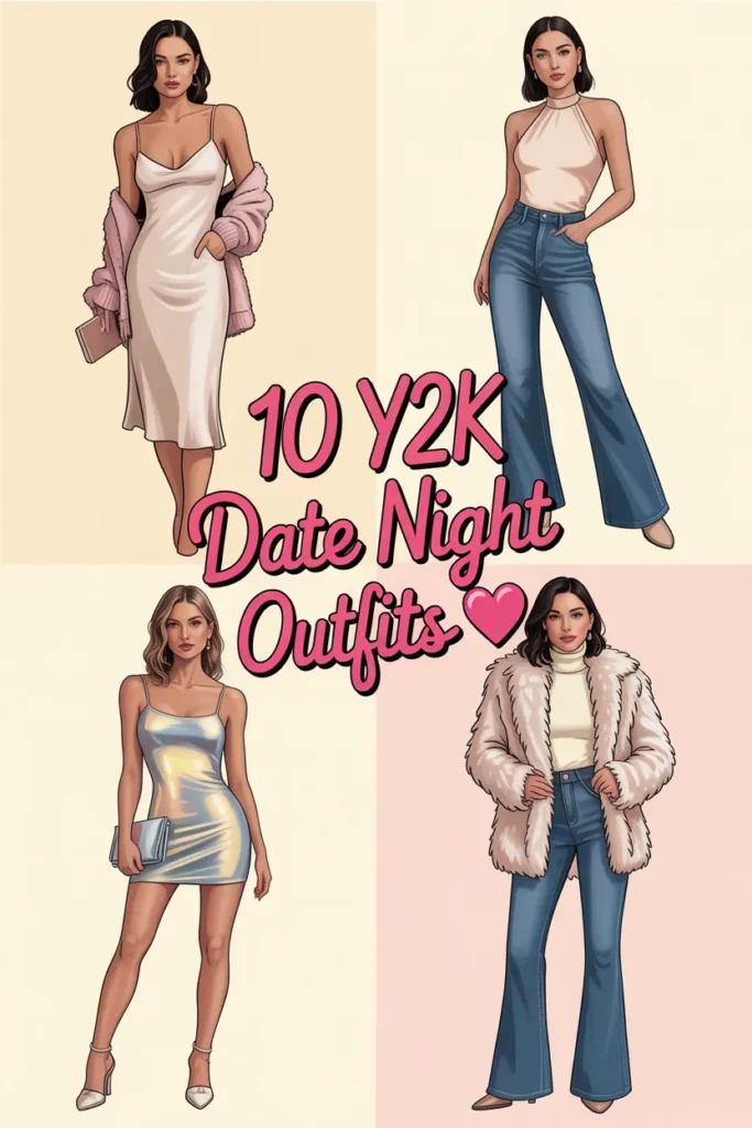 10 Y2K date night outfit ideas collage with slip dress, bootcut jeans, metallic mini, and turtleneck flare combo