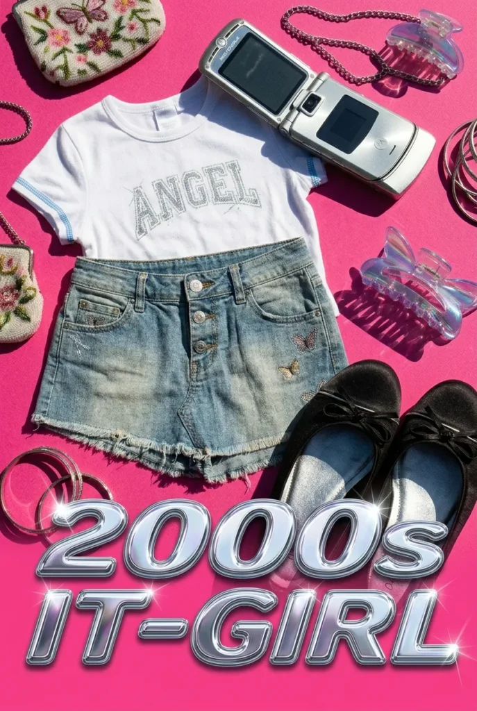 2000s it-girl aesthetic flat lay with baby tee, denim mini skirt, flip phone, and butterfly clip on hot pink background.