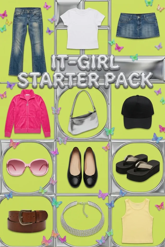 2000s it-girl aesthetic starter pack flat lay with baby tee, low-rise jeans, mini skirt, tiny bag, and ballet flats.