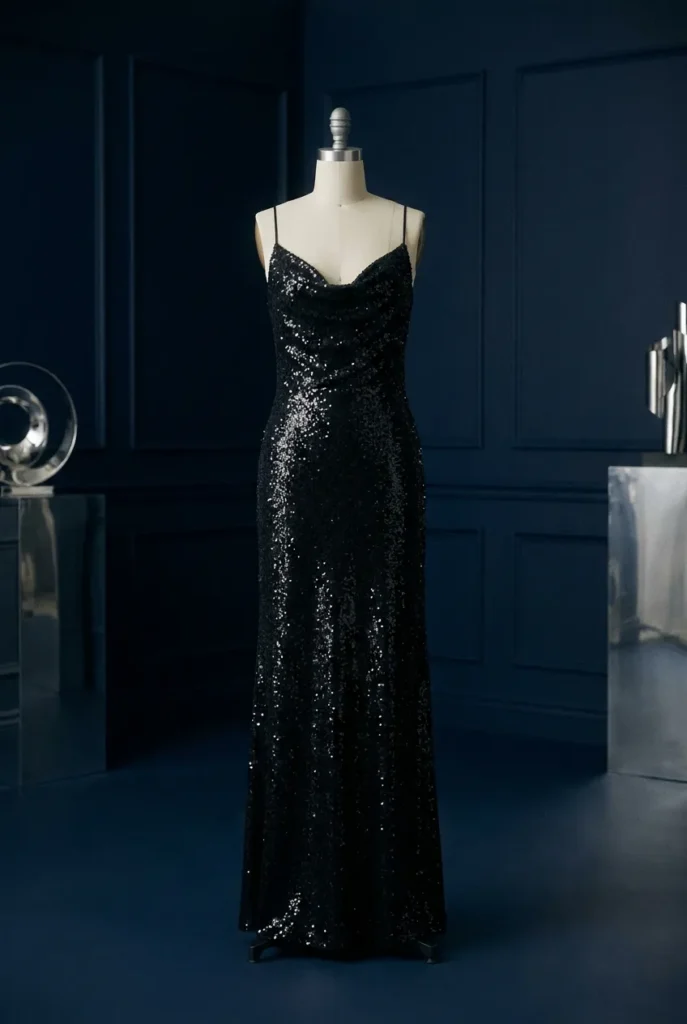 Adult-appropriate black sequin Y2K prom dress with cowl neckline for wedding guest events.