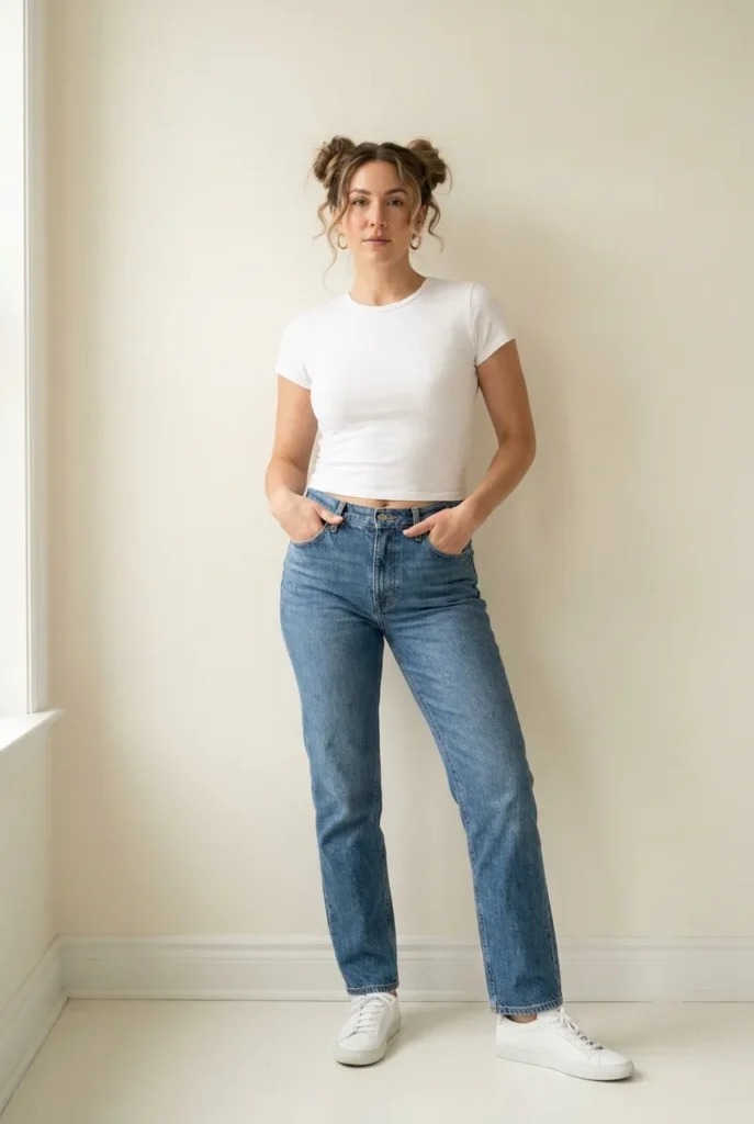 Adult-appropriate space buns styled with a baby tee and jeans for an everyday Y2K look