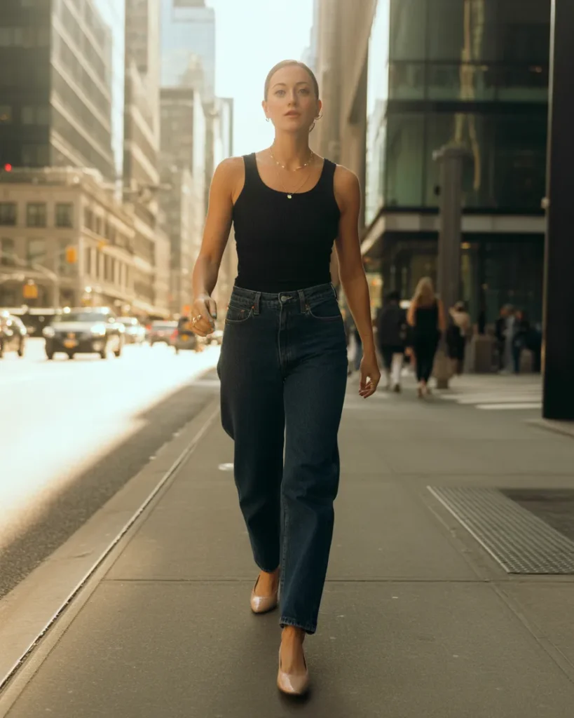 Adult-friendly Y2K outfit with fitted black tank, mid-rise jeans, and ballet flats