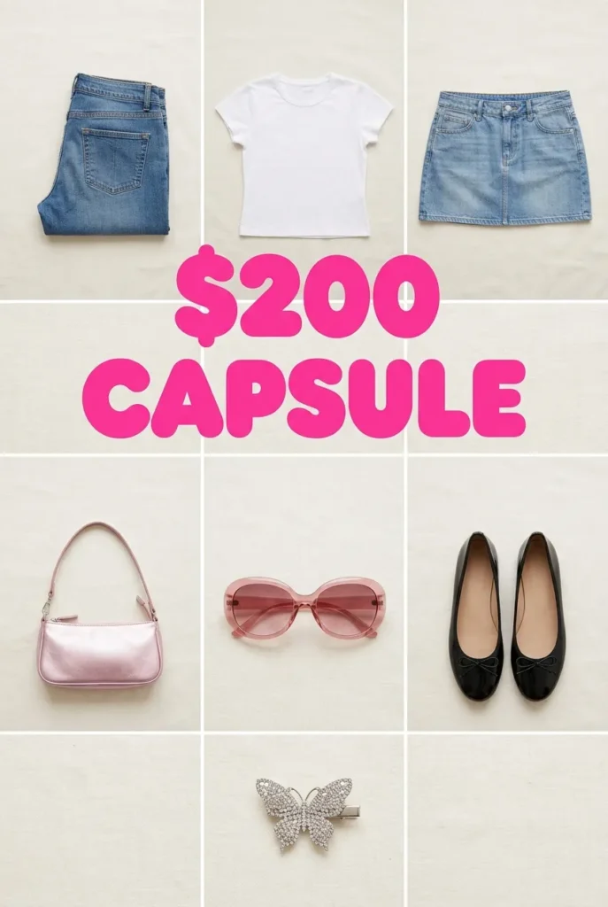 Affordable 2000s it-girl aesthetic capsule wardrobe under 200 dollars with seven essential pieces.