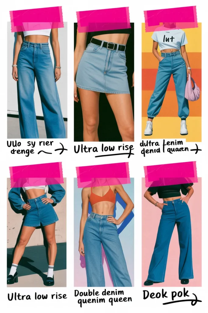 Y2K denim inspiration board with five celebrity-style outfits in collage magazine layout