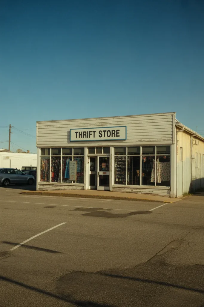 American thrift store storefront where Y2K clothing finds are common