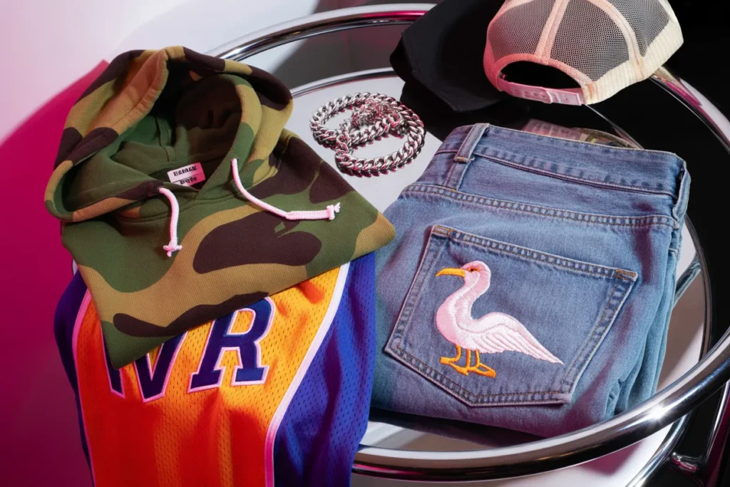 Authentic vintage Y2K menswear pieces including Bape style hoodie, throwback jersey, and Evisu style denim.