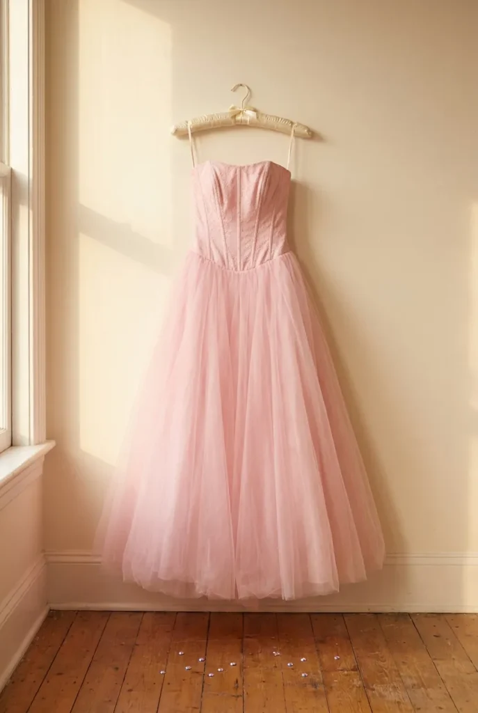 Baby pink corset bodice Y2K prom dress with tulle skirt hanging in soft natural light.