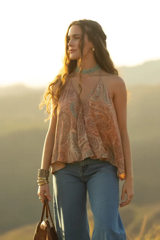 Beaded turquoise choker with halter top and wide-leg jeans for boho mid-2000s choker outfit ideas.