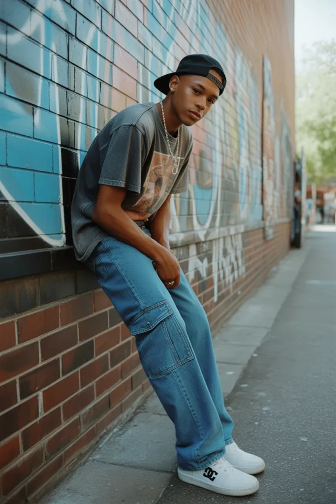 Black teen boy in a Y2K skater back to school outfit with graphic tee, baggy cargo jeans, and white skate shoes.