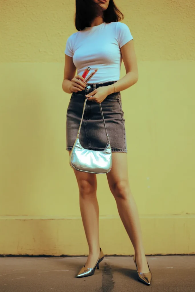 Casual Y2K date night outfit with white baby tee, denim mini skirt, and kitten heels for a first date