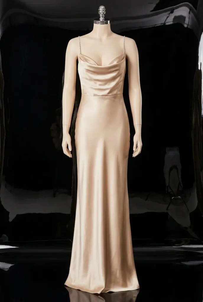 Champagne satin slip Y2K prom dress with rhinestone straps in editorial mannequin shot.
