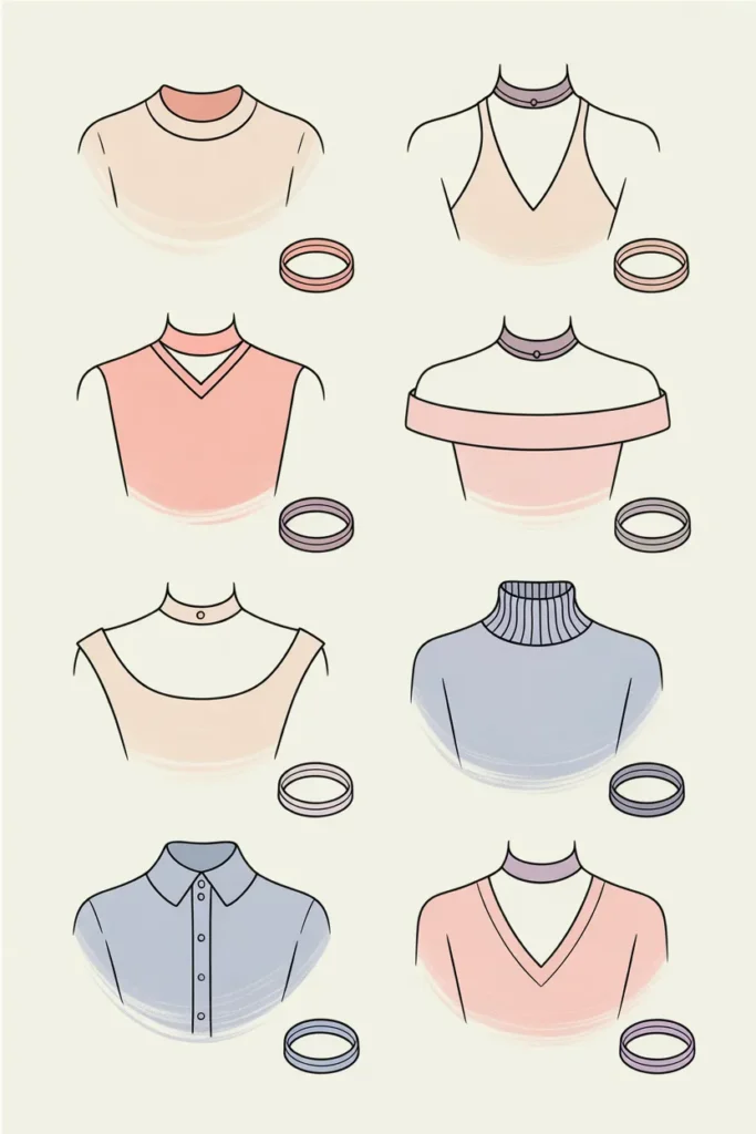 Choker neckline pairing guide infographic showing which choker styles work with each top neckline.