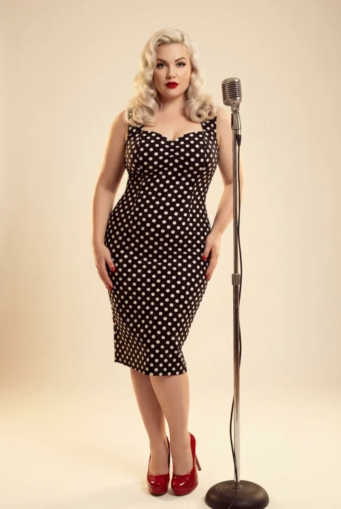 Christina Aguilera Back to Basics pin-up style polka dot dress with red lipstick