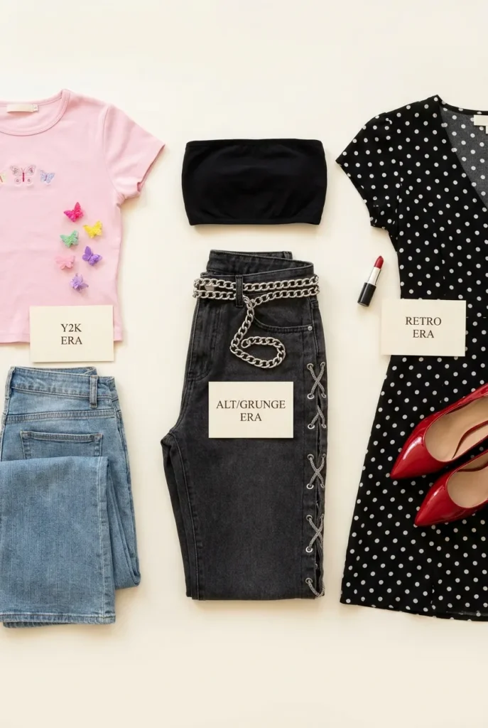 Christina Aguilera style era decoder flat lay with Genie Dirrty and Back to Basics outfits