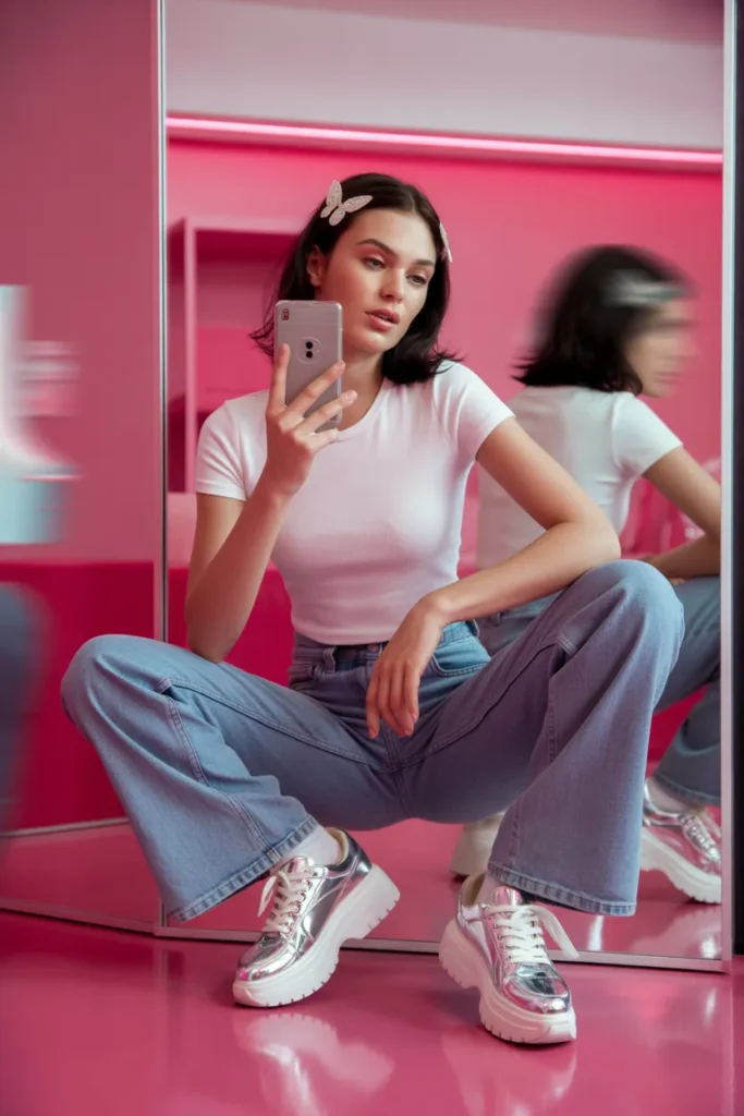 Chrome chunky platform sneakers with low-rise flares Y2K mirror selfie outfit
