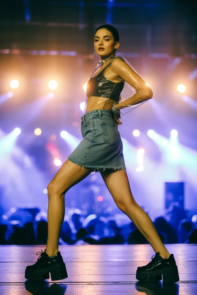Chunky black platform sneakers concert outfit with denim mini and mesh top