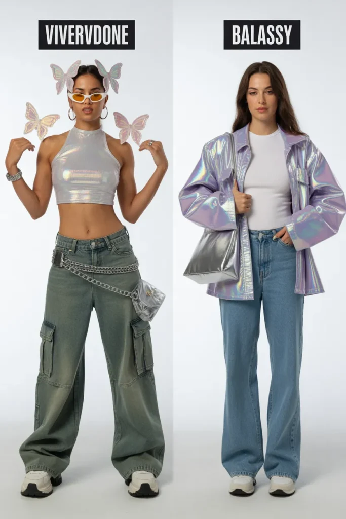 Comparison showing how to style Y2K clothing without looking like a costume