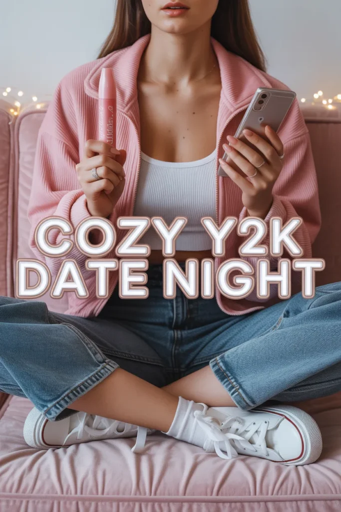 Cozy Y2K date night outfit with baby pink velour jacket and dark wash jeans for a movie date