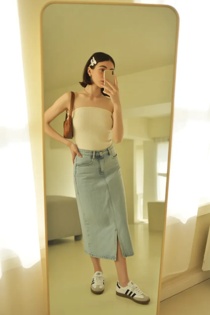 Cream tube top with denim midi skirt summer outfit in soft natural light