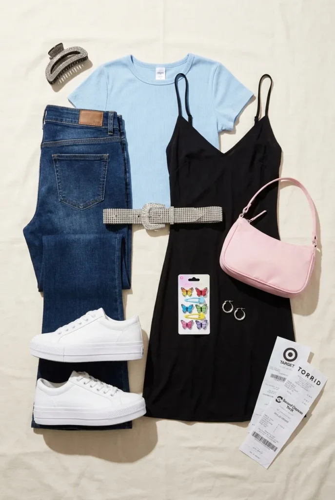 Curvy Y2K shopping flat lay with plus size flared jeans, baby tee, slip dress, accessories, and receipts.