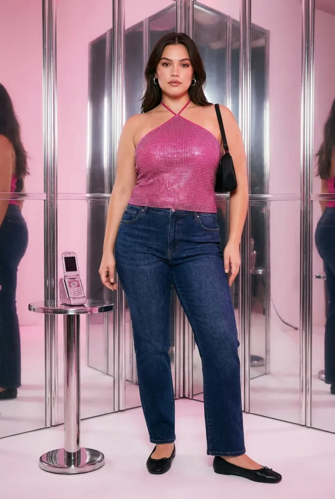 Curvy woman demonstrating the one loud piece rule in a rhinestone halter top with grounded dark jeans and flats.