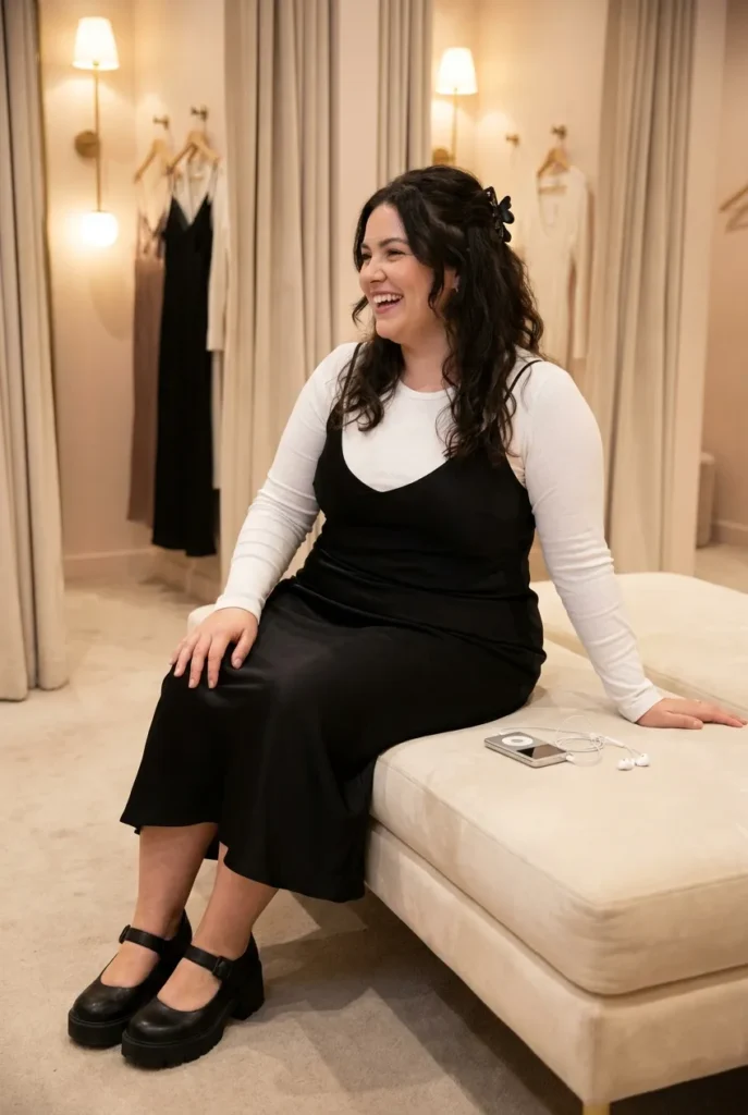 Curvy woman in a black bias cut slip dress layered over a white tee styled for Y2K aesthetic.