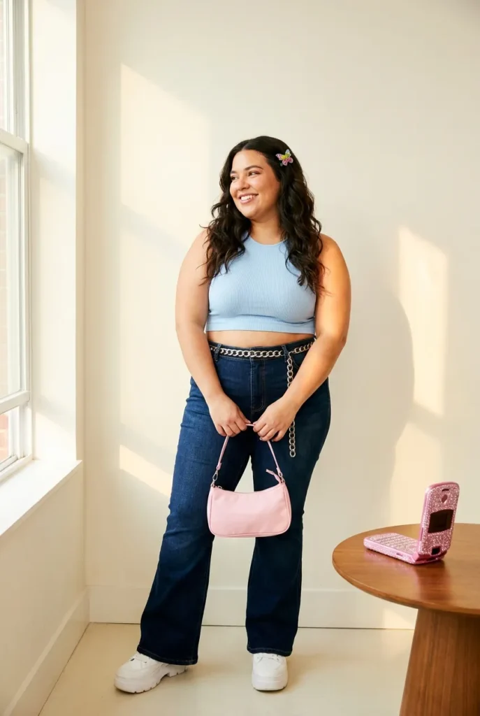 Curvy woman in mid-rise flared jeans, blue baby tee, and platform sneakers showing wearable Y2K outfit ideas for curvy bodies.