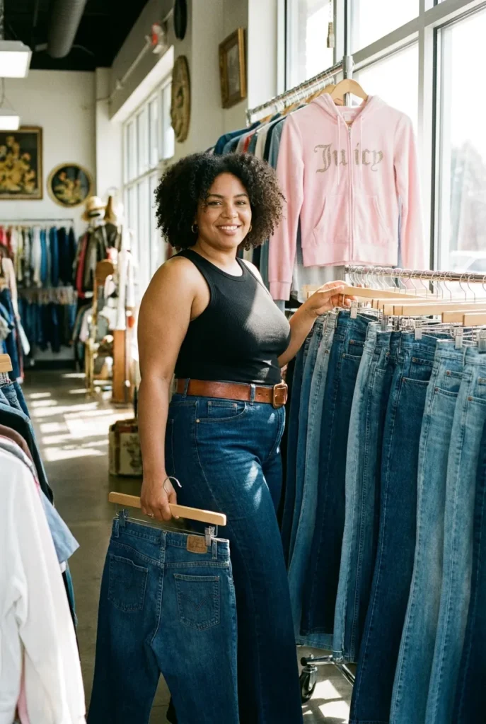 Curvy woman in plus size Y2K flared jeans browsing a thrift store denim rack with vintage 2000s pieces.