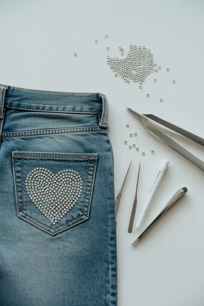 DIY rhinestone jeans tutorial flat lay with hotfix wand and crystals