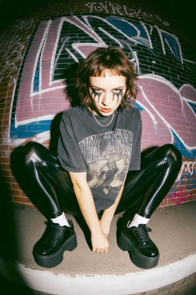 Dark Y2K color palette outfit with liquid leggings and oversized graphic tee