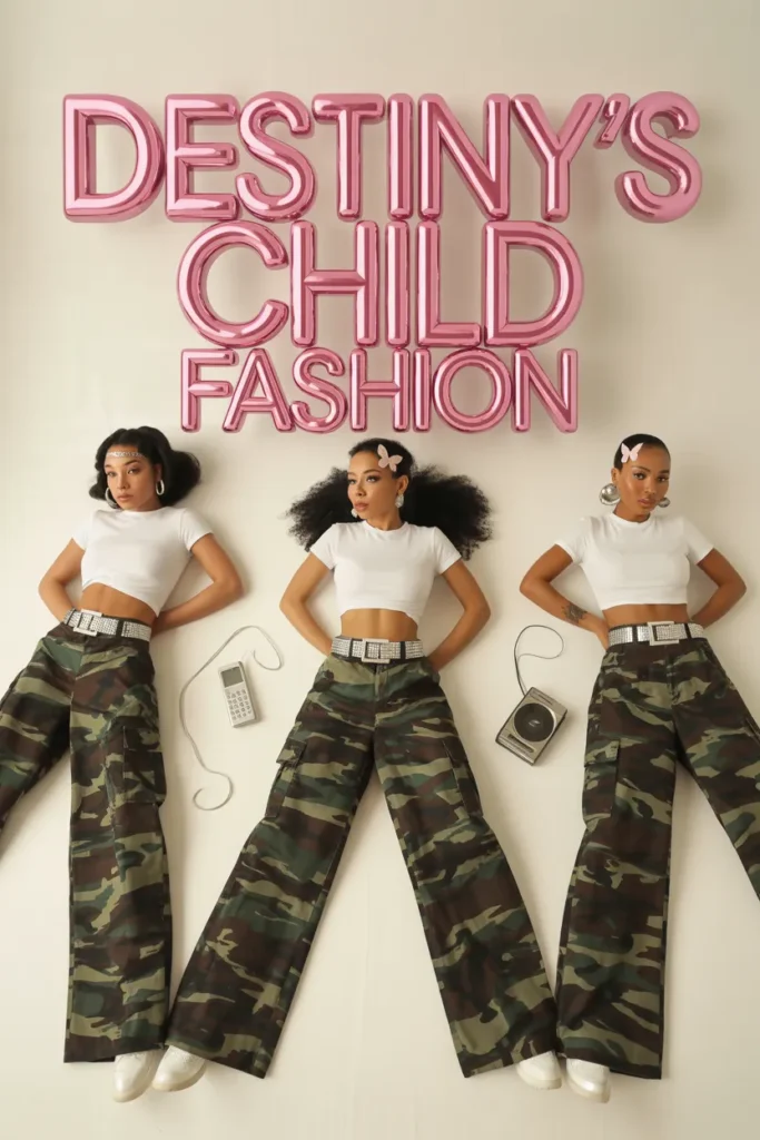 Destiny's Child fashion flat lay with matching camo cargos, baby tees, and rhinestone belts.