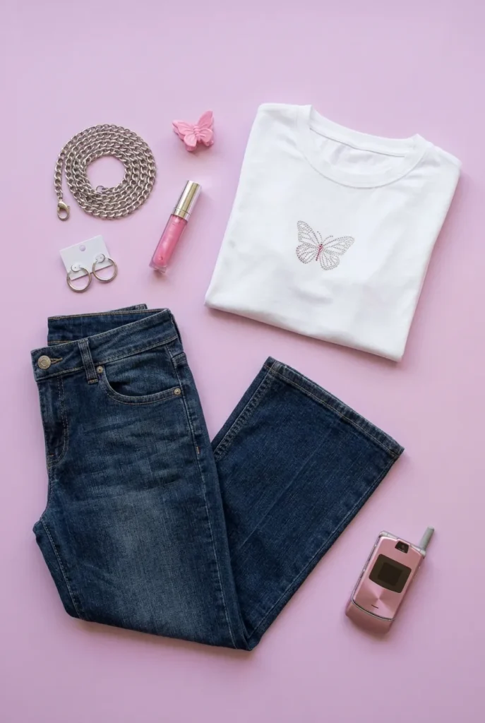 Early 2000s Y2K Amazon dupes flat lay with baby tee, low-rise jeans, and butterfly accessories.