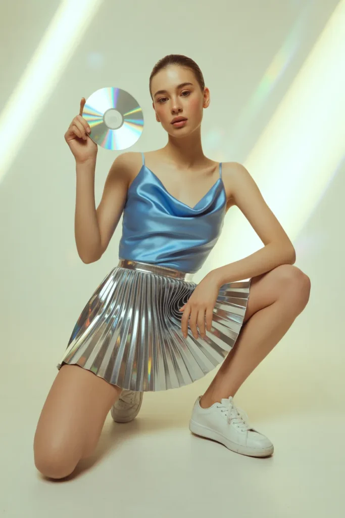 Early 2000s color palette outfit with baby blue cami and chrome mini skirt