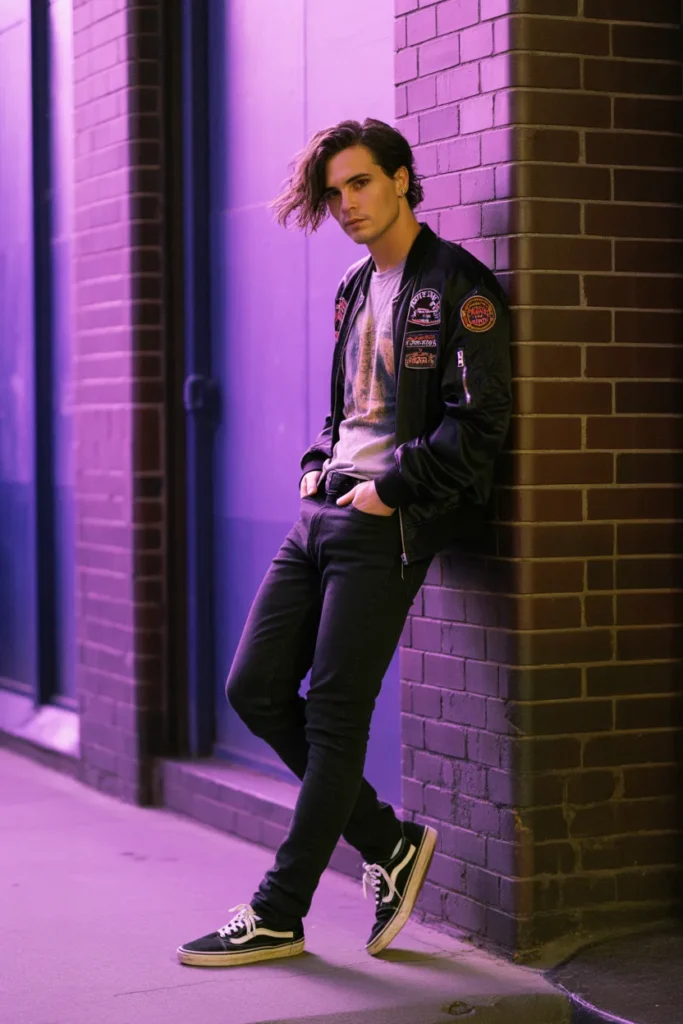 Emo Y2K outfit for men with black skinny jeans, band tee, bomber jacket, and Vans.