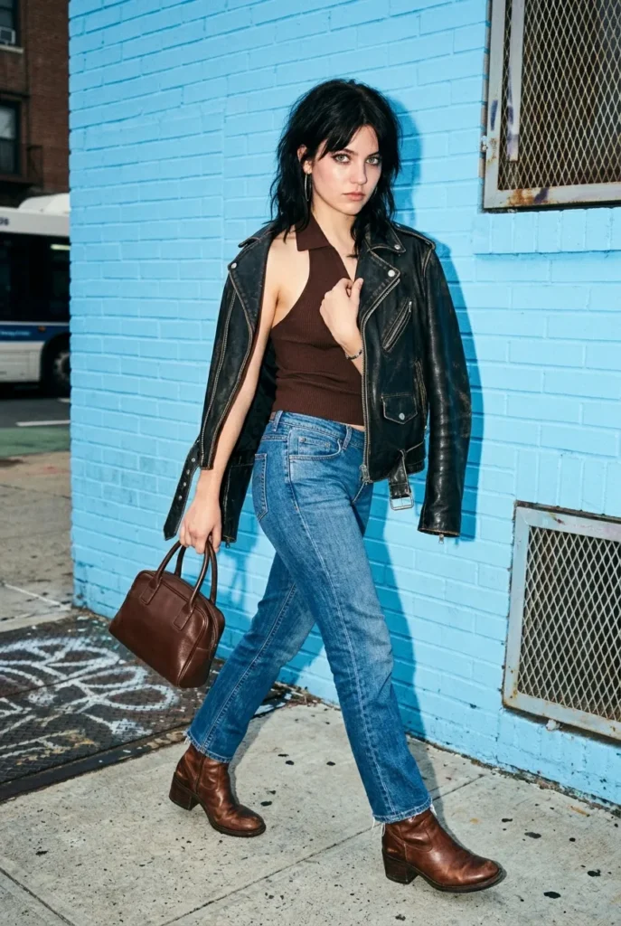 Fall halter top outfit with brown ribbed halter, mid-rise jeans, and a leather moto jacket on a baby blue background.