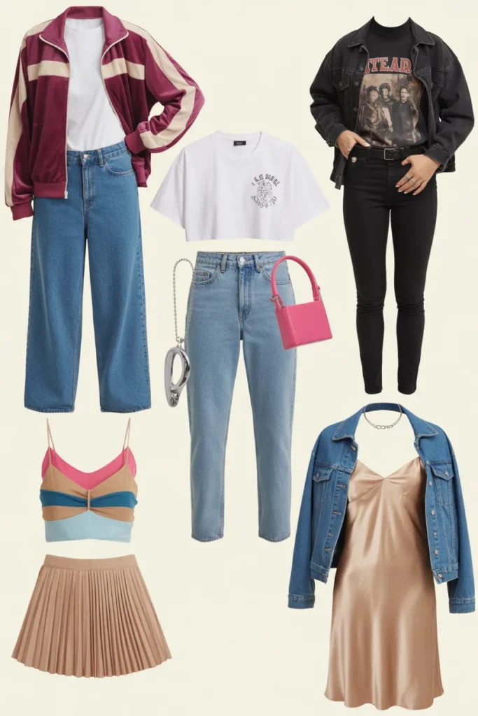 Five Y2K thrift store outfit ideas flat lay collection styled for modern wear
