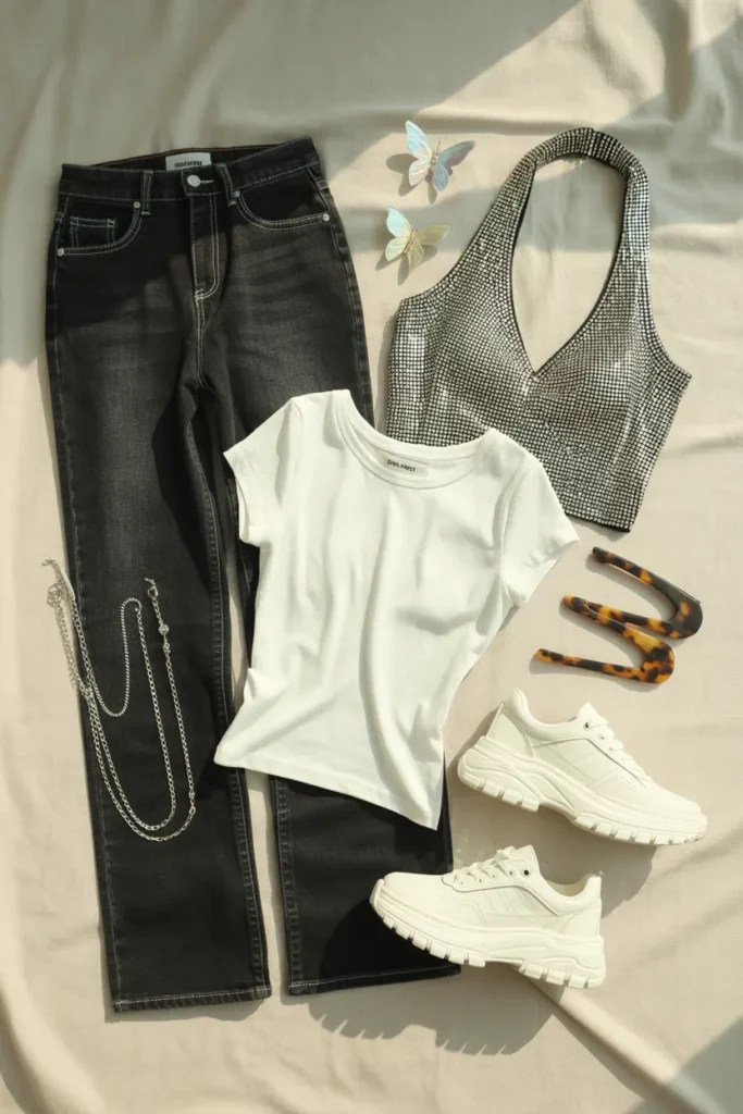 Five-piece Y2K clothing capsule wardrobe flat lay with jeans, baby tee, and accessories