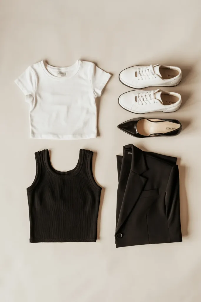 Five-piece capsule wardrobe to style with rhinestone jeans flat lay