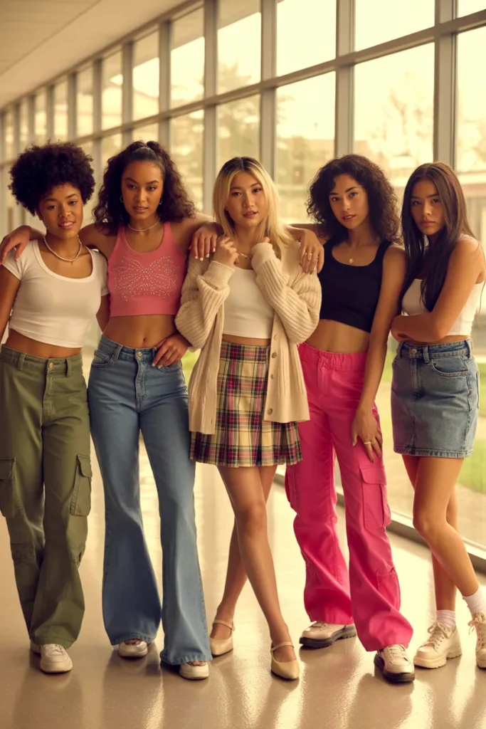 Five teen girls wearing different Y2K back to school outfits in a sunlit high school hallway.
