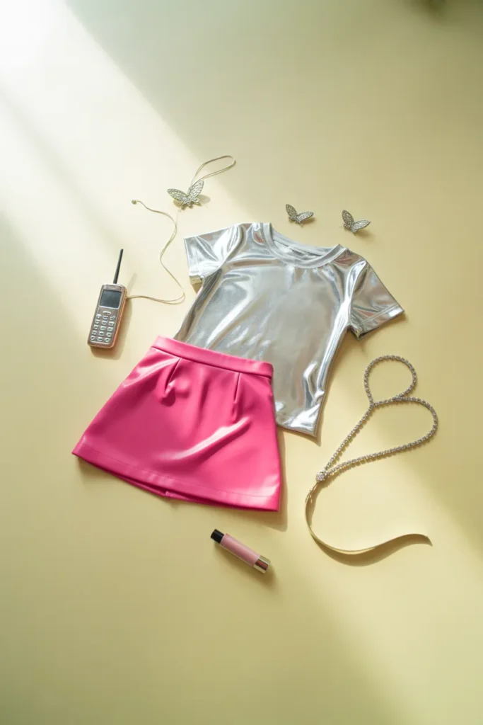 Flat lay of Y2K clothing essentials including hot pink mini skirt, chrome baby tee, and butterfly clips