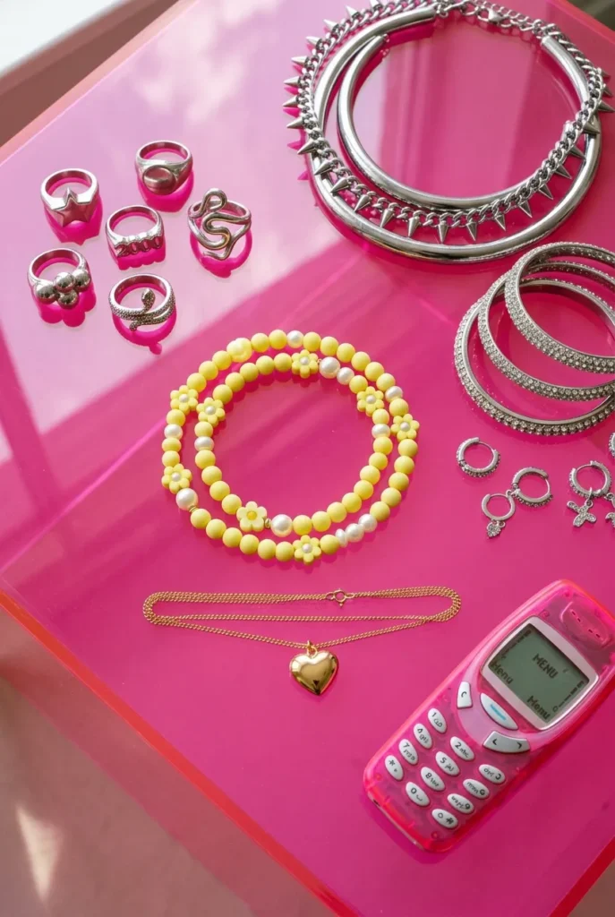 Flat lay of Y2K jewelry trends with chunky silver rings, beaded necklace, chrome chokers, and heart pendant.