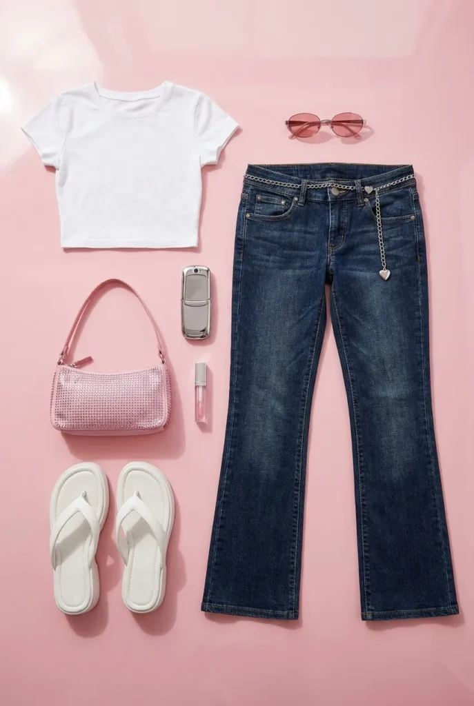 Flat lay of best Y2K dupes on Amazon including baby tee, low-rise jeans, chain belt, and accessories.