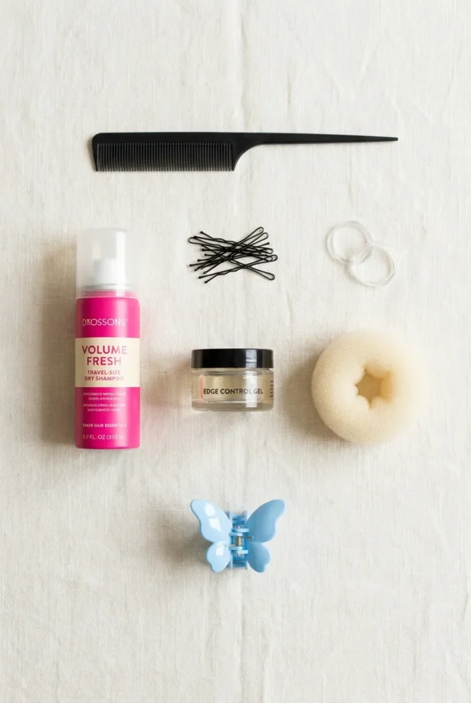 Flat lay of space buns tutorial tools including comb, elastics, bobby pins and dry shampoo